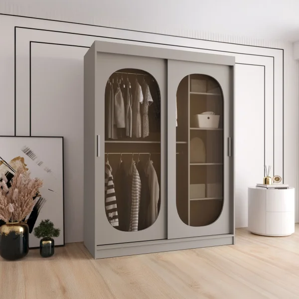 Armadio 150x200h cm 2 ante scorrevoli vetrate beige cashmere Elmor