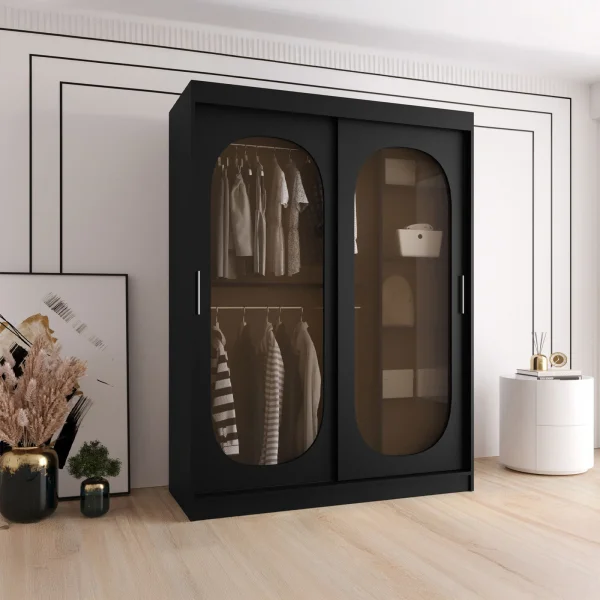 Armadio 150x200h cm 2 ante scorrevoli vetrate nero opaco Elmor