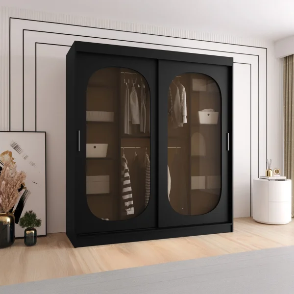 Armadio 180x200h cm 2 ante scorrevoli vetrate nero opaco Elmor