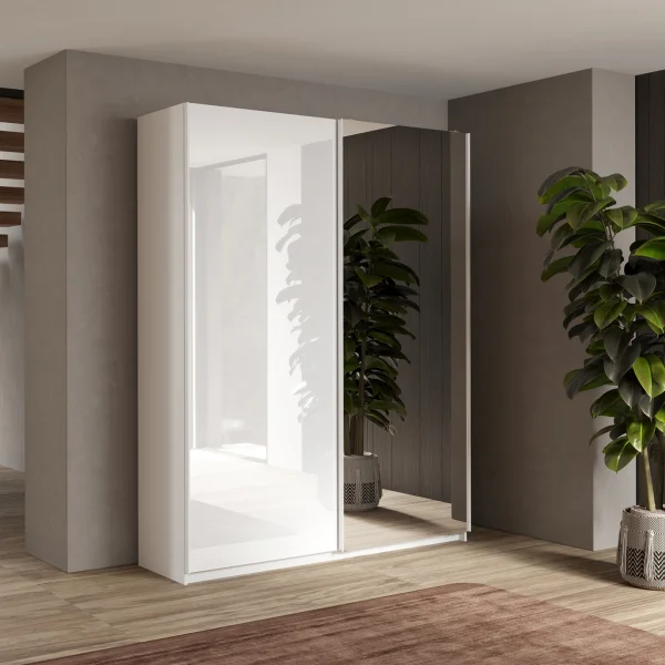 Armadio 180x210h cm 2 ante con 1 anta a specchio bianco lucido Clappy