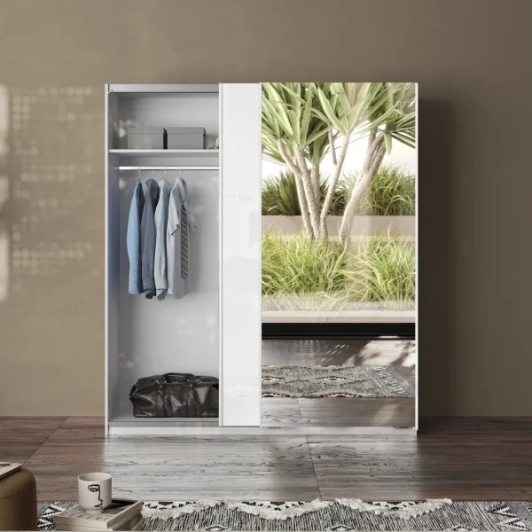 Armadio 180x210h cm 2 ante con 1 anta a specchio bianco lucido Clappy
