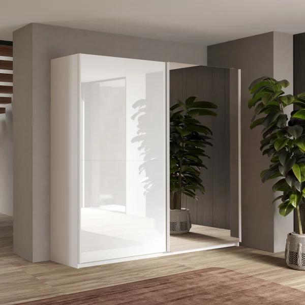 Armadio 230x210h cm 2 ante con 1 anta a specchio bianco lucido Clappy