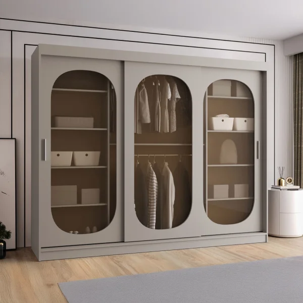 Armadio 250x200h cm 3 ante scorrevoli vetrate beige cashmere Elmor