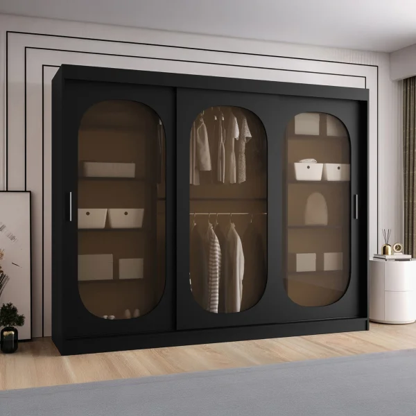Armadio 250x200h cm 3 ante scorrevoli vetrate nero opaco Elmor