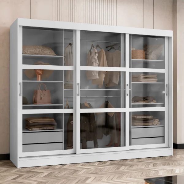 Armadio 250x203h cm 3 ante scorrevoli vetrate 4 cassetti bianco opaco Nivora