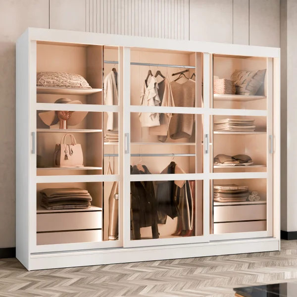Armadio 250x203h cm 3 ante scorrevoli vetrate 4 cassetti con illuminazione a LED bianco opaco Nivora