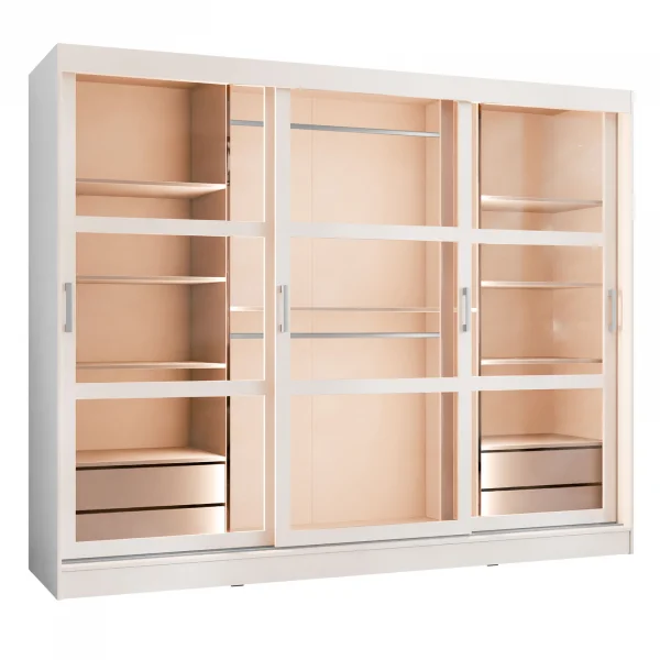 Armadio 250x203h cm 3 ante scorrevoli vetrate 4 cassetti con illuminazione a LED bianco opaco Nivora