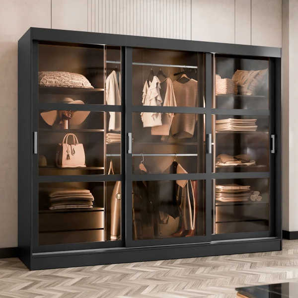 Armadio 250x203h cm 3 ante scorrevoli vetrate 4 cassetti con illuminazione a LED nero opaco Nivora