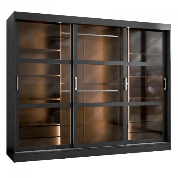 Armadio 250x203h cm 3 ante scorrevoli vetrate 4 cassetti con illuminazione a LED nero opaco Nivora