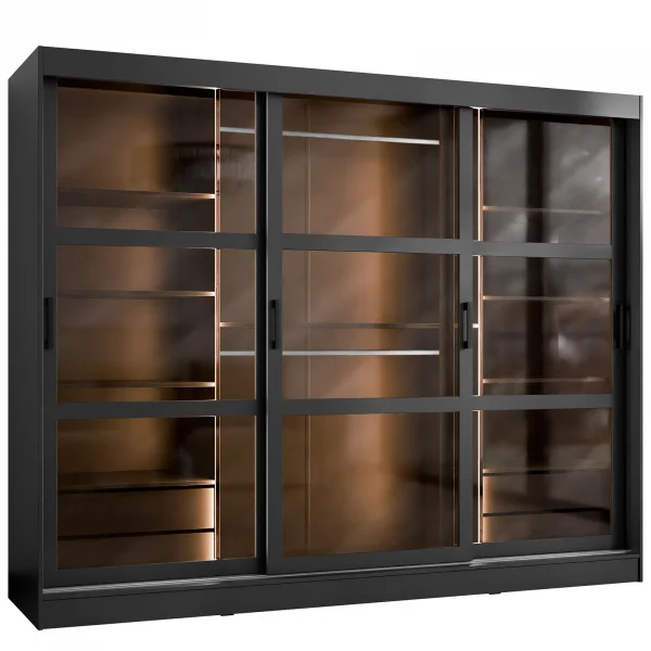 Armadio 250x203h cm 3 ante scorrevoli vetrate 4 cassetti con illuminazione a LED nero opaco Nivora