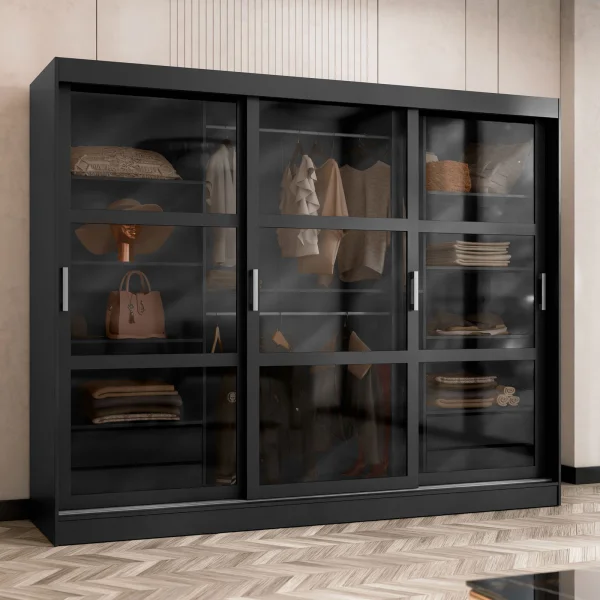 Armadio 250x203h cm 3 ante scorrevoli vetrate 4 cassetti nero opaco Nivora