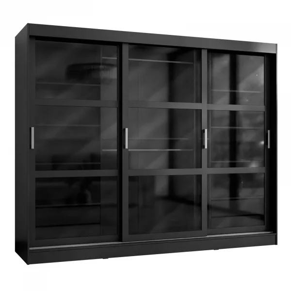 Armadio 250x203h cm 3 ante scorrevoli vetrate 4 cassetti nero opaco Nivora