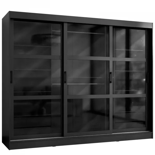 Armadio 250x203h cm 3 ante scorrevoli vetrate 4 cassetti nero opaco Nivora