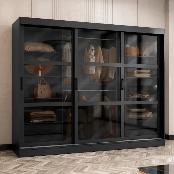 Armadio 250x203h cm 3 ante scorrevoli vetrate 4 cassetti nero opaco Nivora