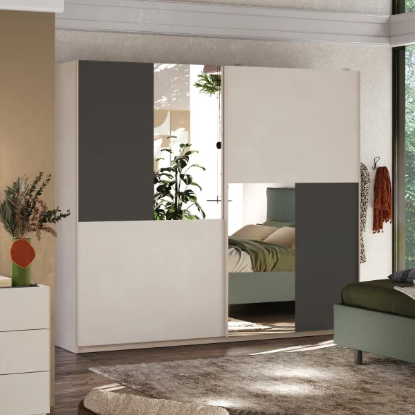 Armadio 275x240cm 2 ante scorrevoli con specchio beige cashmere antracite Silky - Varry