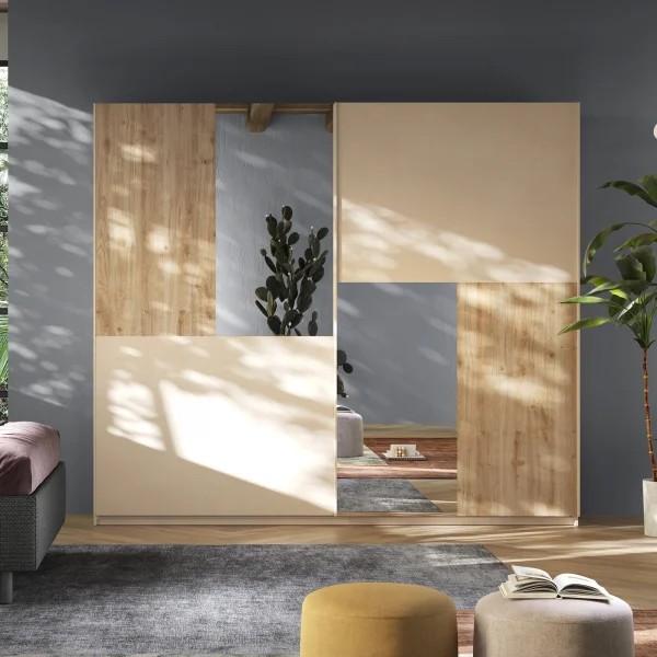 Armadio 275x240cm 2 ante scorrevoli con specchio beige cashmere rovere chiaro Varry