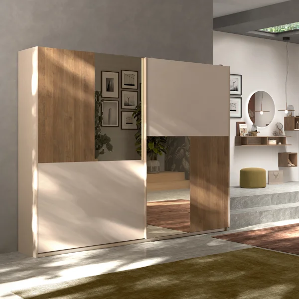 Armadio 275x240cm 2 ante scorrevoli con specchio beige cashmere rovere scuro Varry