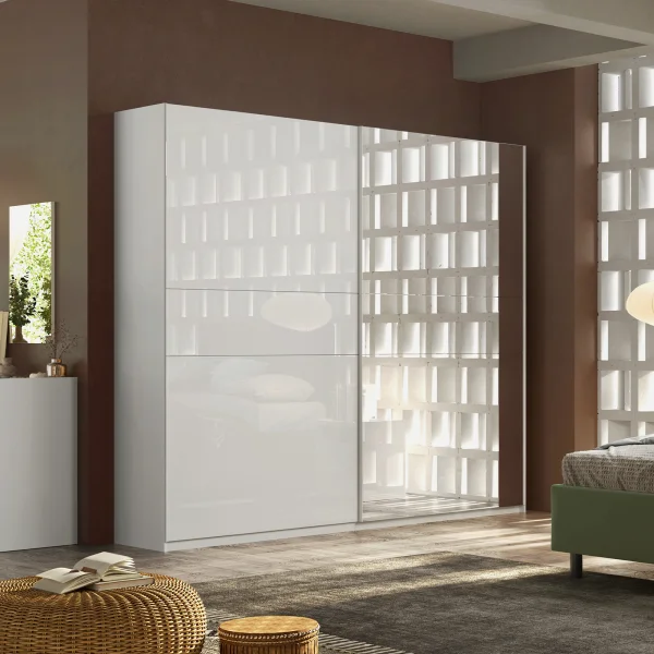 Armadio 275x240cm 2 ante scorrevoli con specchio bianco lucido Gassy - Sparkly
