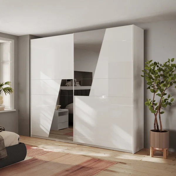 Armadio 275x240cm 2 ante scorrevoli con specchio bianco lucido Gassy