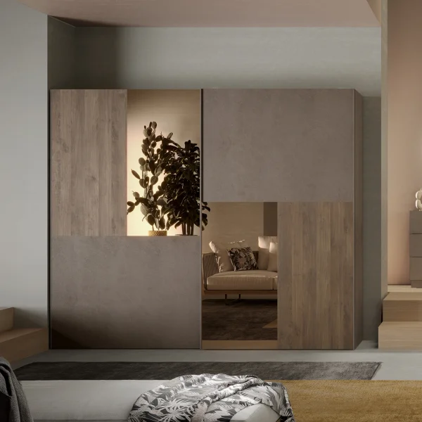 Armadio 275x240cm 2 ante scorrevoli con specchio marrone bronzo rovere scuro Silky - Riace - Varry
