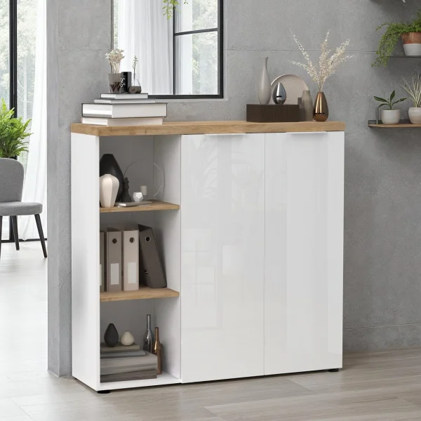 Armadio ufficio 120x115h cm 2 ante 3 vani bianco lucido rovere chiaro Opera