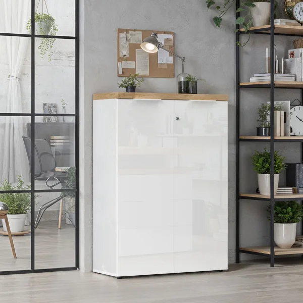 Armadio ufficio con serratura 80x115h cm 2 ante bianco lucido rovere chiaro Opera