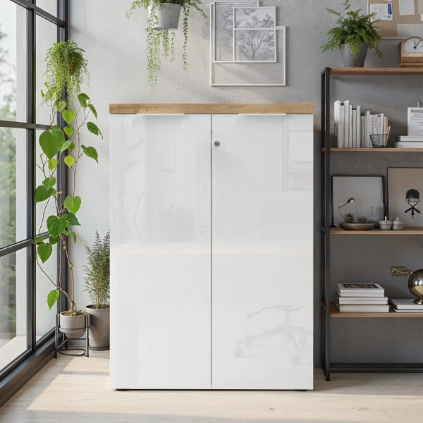Armadio ufficio con serratura 80x115h cm 2 ante bianco lucido rovere chiaro Opera