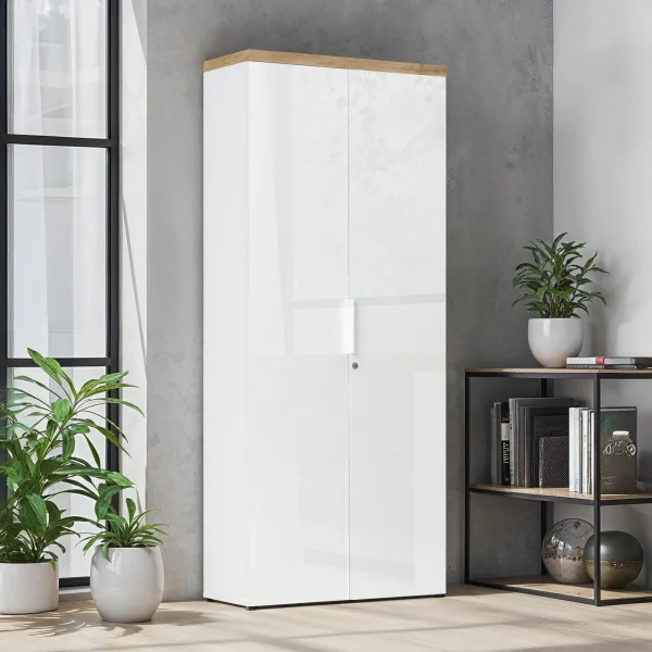 Armadio ufficio con serratura 80x190h cm 2 ante bianco lucido rovere chiaro Opera