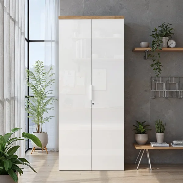 Armadio ufficio con serratura 80x190h cm 2 ante bianco lucido rovere chiaro Opera