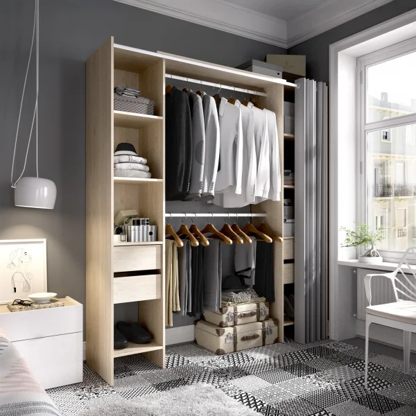 Cabina armadio allungabile 110/178x205h cm con cassetti e tenda rovere Rivo
