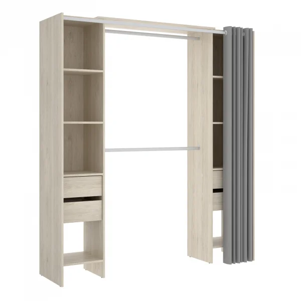 Cabina armadio allungabile 110/178x205h cm con cassetti e tenda rovere Rivo