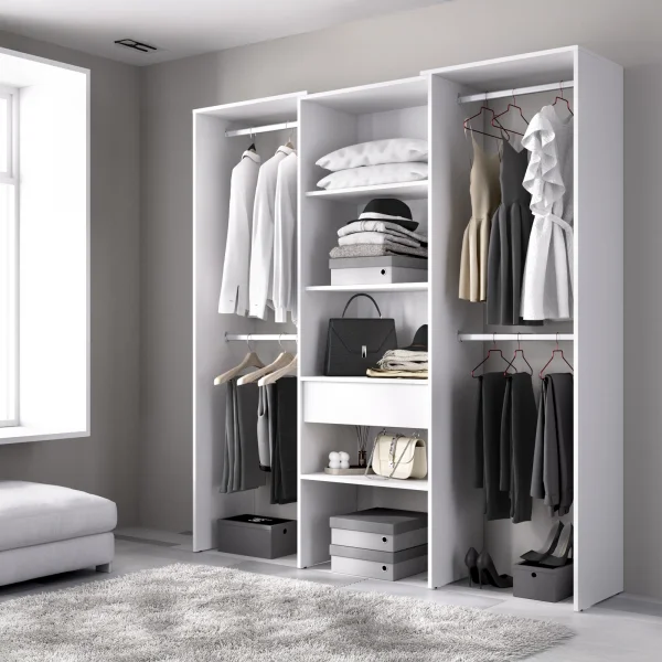 Cabina armadio allungabile 120/160x187h cm con cassetto e appendiabiti bianco Kora