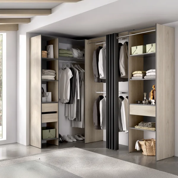 Cabina armadio angolare allungabile 164/214x205h cm con tenda rovere grigio Rivo
