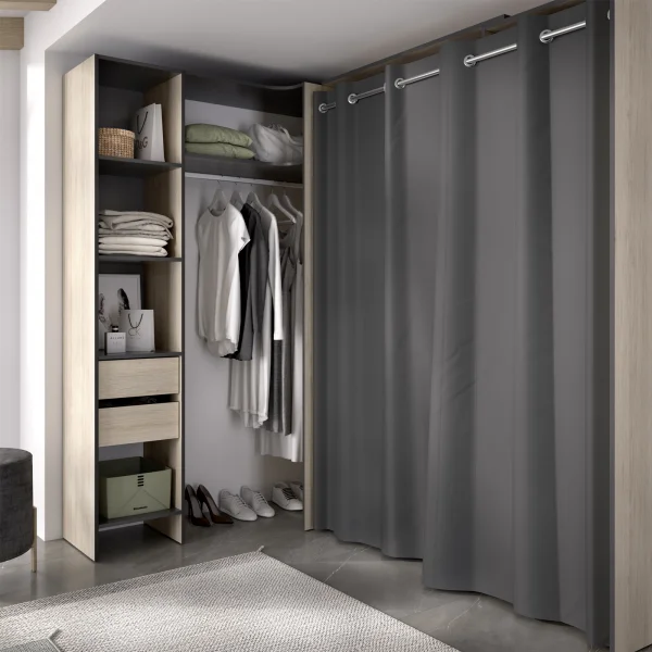 Cabina armadio angolare allungabile 164/214x205h cm con tenda rovere grigio Rivo