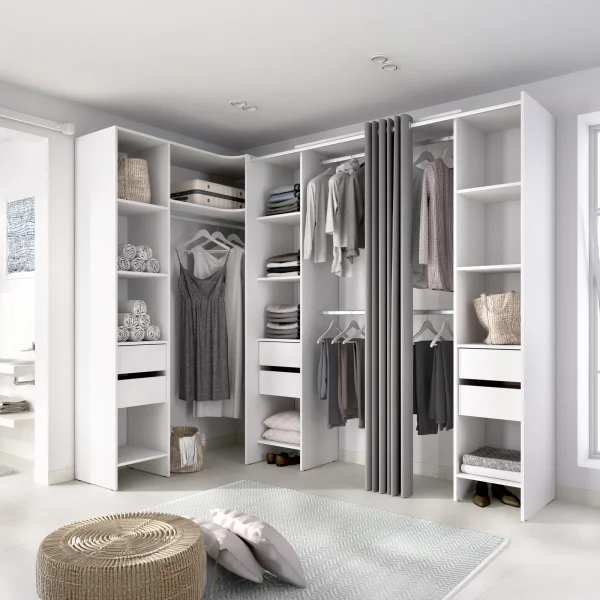 Cabina armadio angolare allungabile 164/232x205h cm con cassetti e tenda bianco Rivo