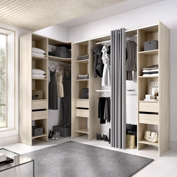 Cabina armadio angolare allungabile 164/232x205h cm con cassetti e tenda rovere Rivo