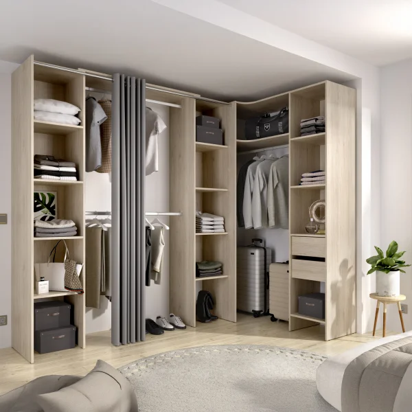 Cabina armadio angolare allungabile 164/232x205h cm con tenda rovere Rivo