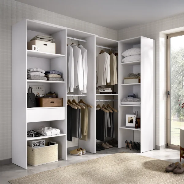 Cabina armadio angolare allungabile 198/248x187h cm con cassetto e appendiabiti bianco Kora