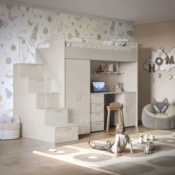 Cameretta 254x120cm 1 letto soppalco cashmere beige lucido Simone