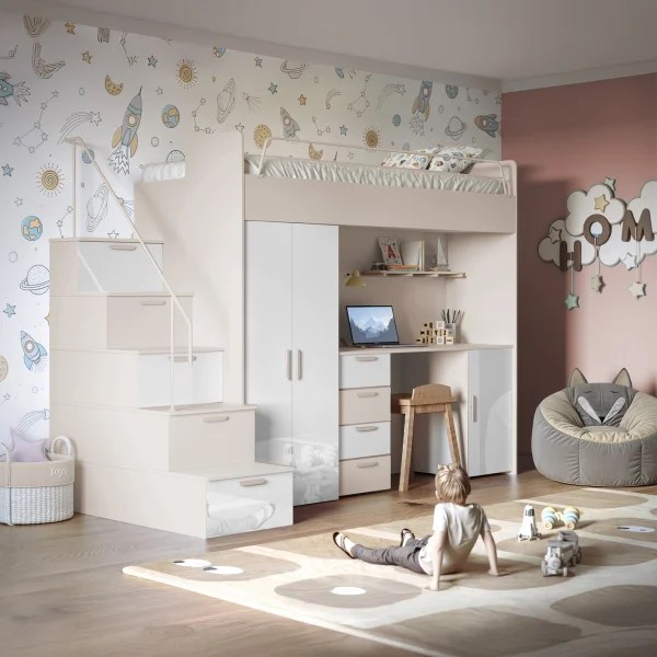Cameretta 254x120cm 1 letto soppalco cashmere bianco lucido Simone