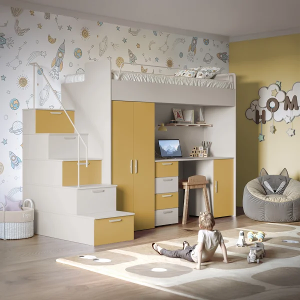Cameretta 254x120cm 1 letto soppalco cashmere giallo Simone