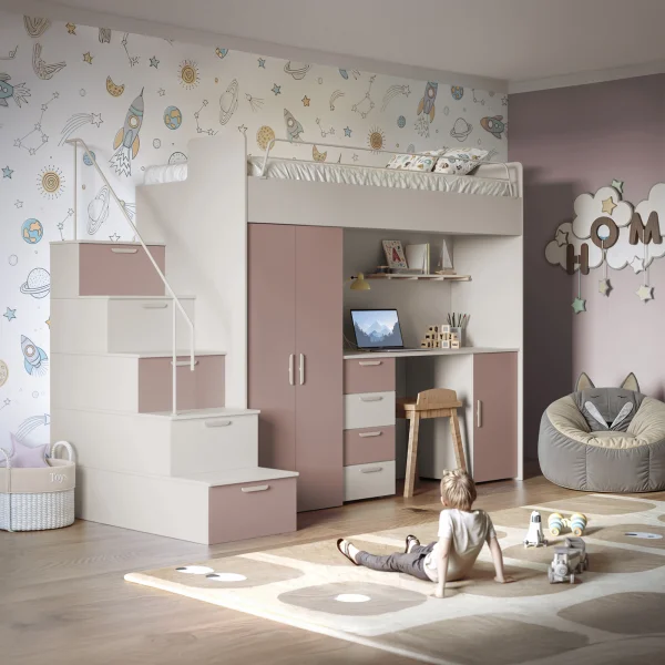 Cameretta 254x120cm 1 letto soppalco cashmere rosa Simone