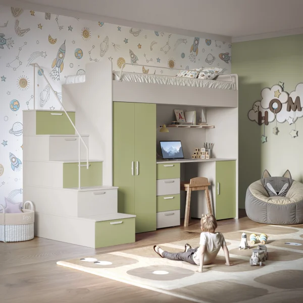 Cameretta 254x120cm 1 letto soppalco cashmere verde Simone