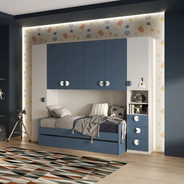 Cameretta a ponte completa con letto estraibile bianco blu Shilly
