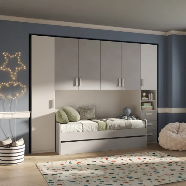 Cameretta a ponte completa con letto estraibile bianco grigio Shilly