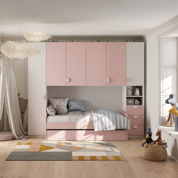 Cameretta a ponte completa con letto estraibile bianco rosa Shilly