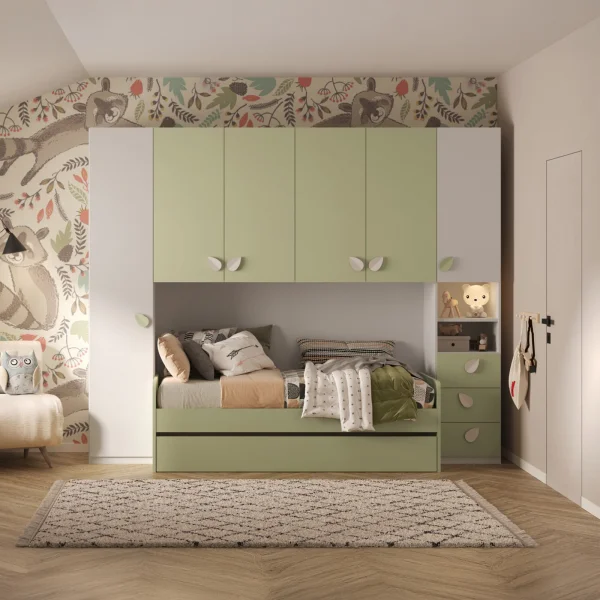 Cameretta a ponte completa con letto estraibile bianco verde Shilly