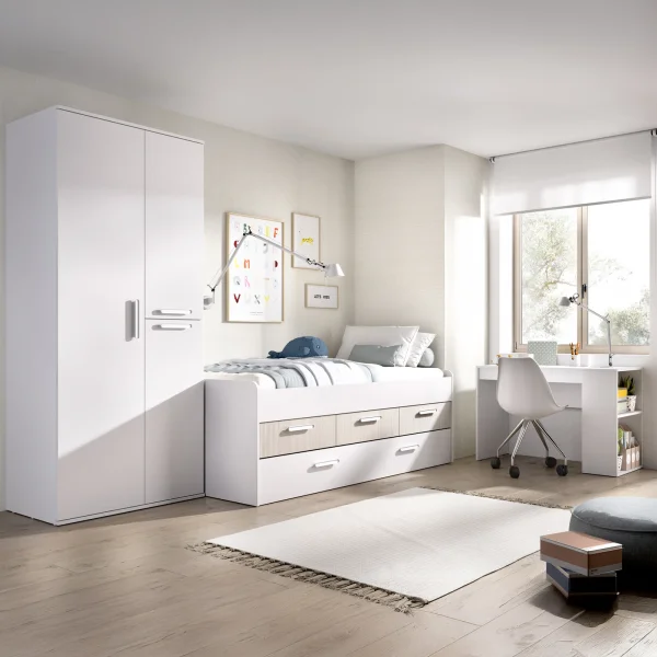 Cameretta bambini completa con letto estraibile e cassettoni armadio e scrivania bianco rovere Domingo