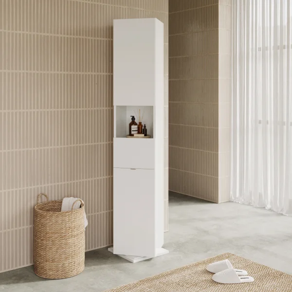 Colonna bagno girevole 35x185h cm con specchio e gancio bianco lucido Turny