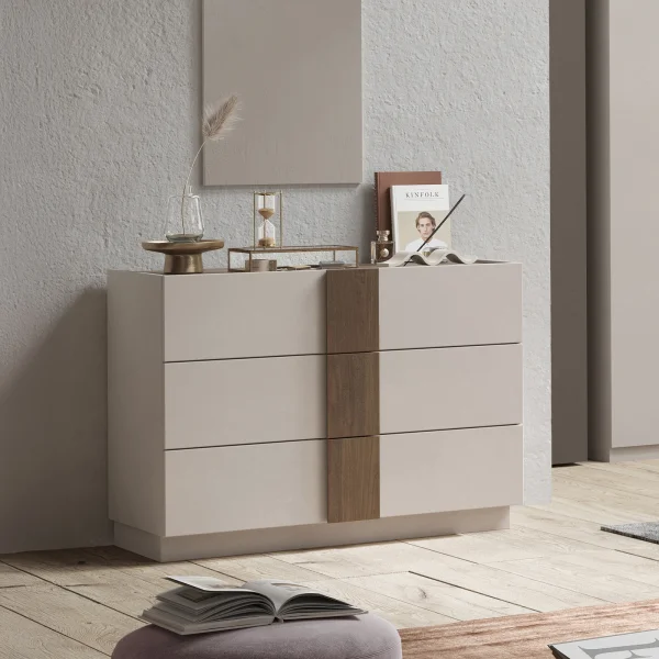 Comò cassettiera multifunzione 110x83cm 3 cassetti beige cashmere rovere scuro Tally - Fummy